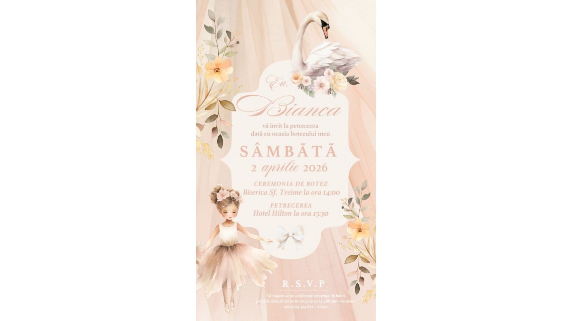 Invitație digitală botez fetiță Peach Sand Mica balerină 1